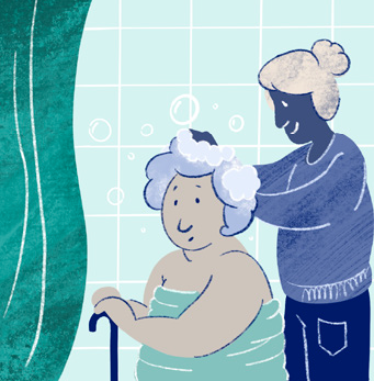 illustrazione di una persona anziana e del suo aiutante che le fa il bagno